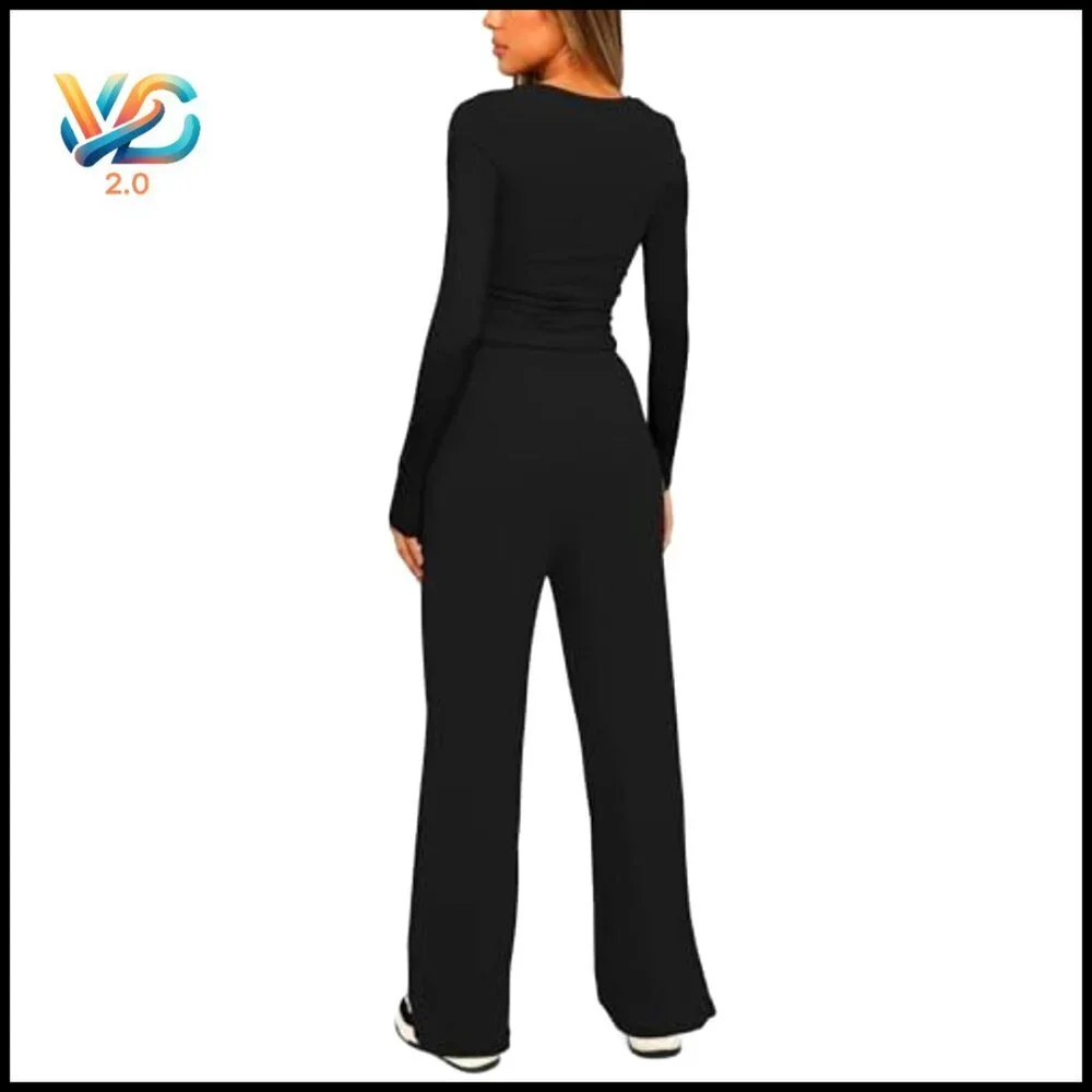 Long Sleeve Wide Leg Lounge Set Two Piece Tracksuit Casual Comfort Travel Outfit